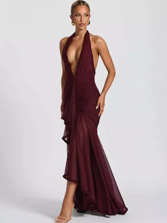 Robe de soirée longue noire à col V plissée sans manches sexy et semi-formelle