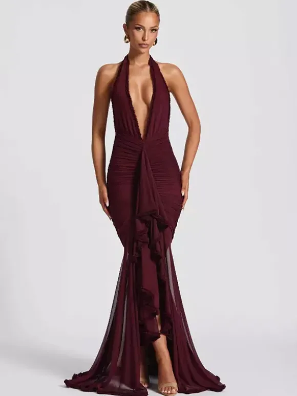 Robe de soirée longue noire à col V plissée sans manches sexy et semi-formelle
