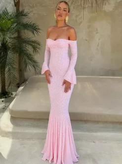 Robe de soirée longue rose à épaules dénudées en dentelle manches longues plissée chic et semi-formelle