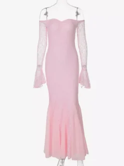 Robe de soirée longue rose à épaules dénudées en dentelle manches longues plissée chic et semi-formelle