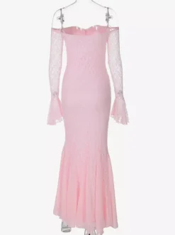 Robe de soirée longue rose à épaules dénudées en dentelle manches longues plissée chic et semi-formelle