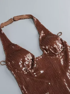 Robe de soirée longue à sequins scintillants pour femme - Robe moulante marron dos nu - Soirée de gala d'été 2026