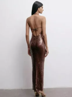 Robe de soirée longue à sequins scintillants pour femme - Robe moulante marron dos nu - Soirée de gala d'été 2026