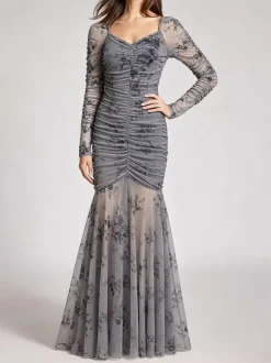 Robe de soirée maxi abricot clair col montant manches longues plissées imprimée style décontracté