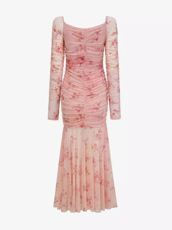 Robe de soirée maxi abricot clair col montant manches longues plissées imprimée style décontracté