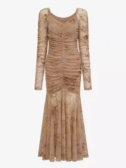 Robe de soirée maxi abricot clair col montant manches longues plissées imprimée style décontracté