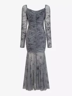 Robe de soirée maxi abricot clair col montant manches longues plissées imprimée style décontracté
