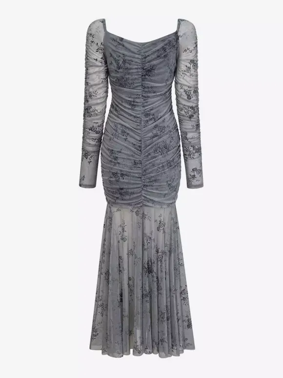 Robe de soirée maxi abricot clair col montant manches longues plissées imprimée style décontracté