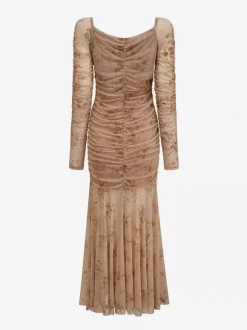 Robe de soirée maxi abricot clair col montant manches longues plissées imprimée style décontracté