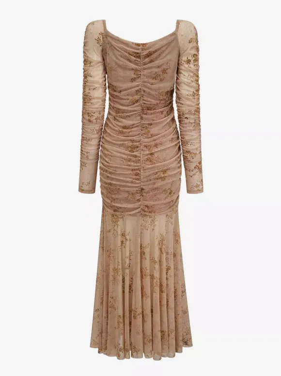 Robe de soirée maxi abricot clair col montant manches longues plissées imprimée style décontracté