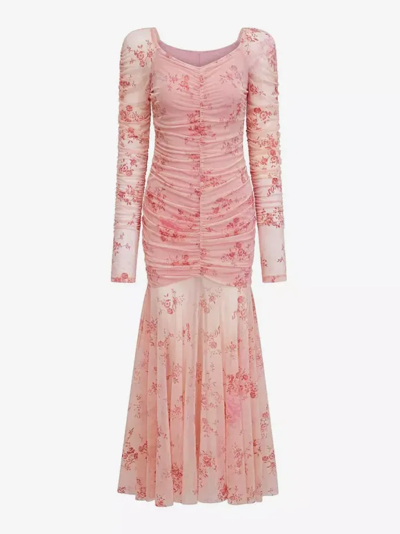 Robe de soirée maxi abricot clair col montant manches longues plissées imprimée style décontracté