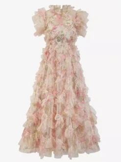 Robe de soirée maxi abricot à col montant sans manches à volants élégante et semi-formelle