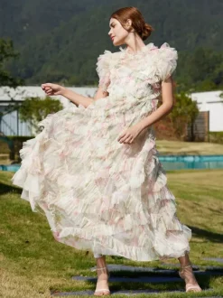 Robe de soirée maxi abricot à col montant sans manches à volants élégante et semi-formelle