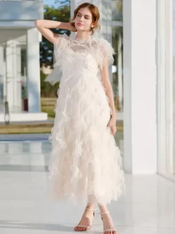 Robe de soirée maxi abricot à col montant sans manches à volants élégante et semi-formelle