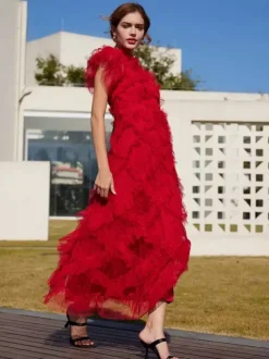 Robe de soirée maxi abricot à col montant sans manches à volants élégante et semi-formelle