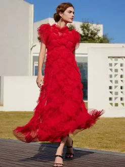 Robe de soirée maxi abricot à col montant sans manches à volants élégante et semi-formelle