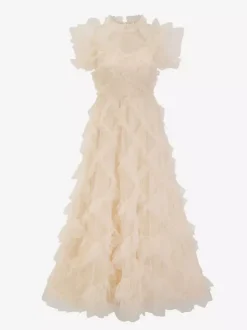 Robe de soirée maxi abricot à col montant sans manches à volants élégante et semi-formelle