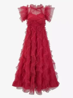 Robe de soirée maxi abricot à col montant sans manches à volants élégante et semi-formelle