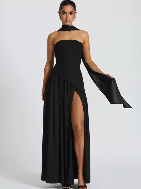 Robe de soirée maxi asymétrique sans bretelles avec foulard pour femme 2026