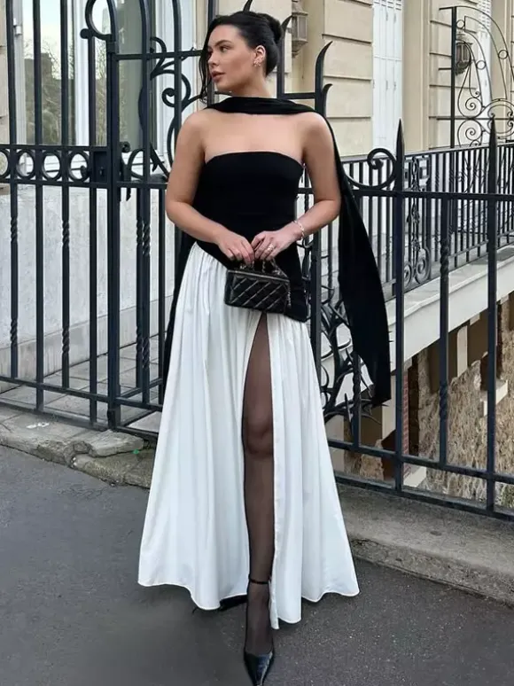 Robe de soirée maxi asymétrique sans bretelles avec foulard pour femme 2026