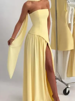 Robe de soirée maxi asymétrique sans bretelles avec foulard pour femme 2026