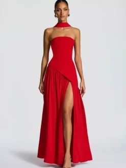 Robe de soirée maxi asymétrique sans bretelles avec foulard pour femme 2026