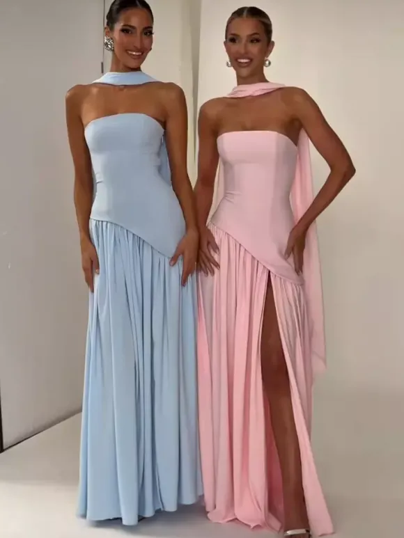 Robe de soirée maxi asymétrique sans bretelles avec foulard pour femme 2026