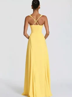 Robe de soirée maxi beige dos nu plissée sans manches style chic semi-formel