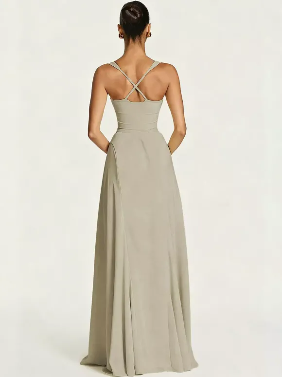 Robe de soirée maxi beige dos nu plissée sans manches style chic semi-formel