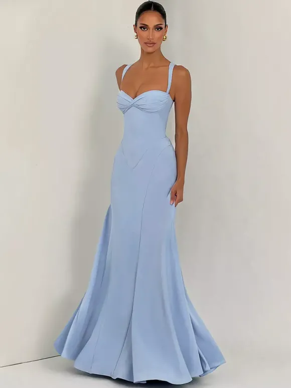 Robe de soirée maxi beige dos nu plissée sans manches style chic semi-formel