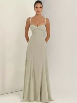 Robe de soirée maxi beige dos nu plissée sans manches style chic semi-formel