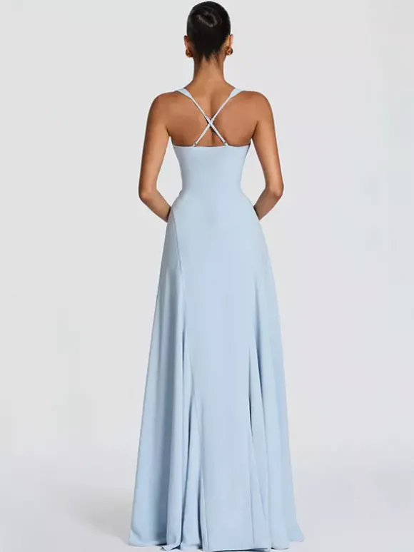 Robe de soirée maxi beige dos nu plissée sans manches style chic semi-formel