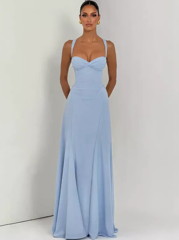 Robe de soirée maxi beige dos nu plissée sans manches style chic semi-formel