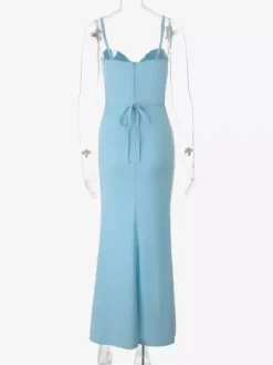 Robe de soirée maxi bleu ciel clair à bretelles décolleté haut et fente sexy robe sirène