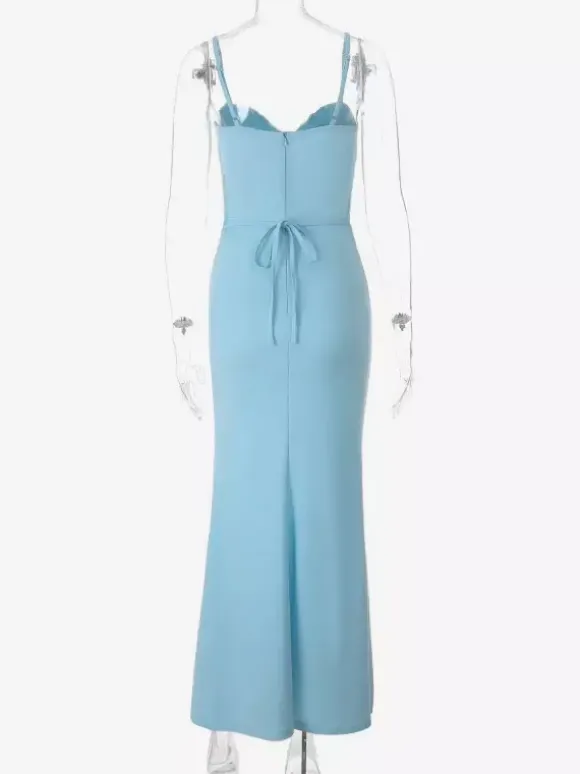 Robe de soirée maxi bleu ciel clair à bretelles décolleté haut et fente sexy robe sirène