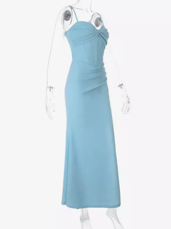 Robe de soirée maxi bleu ciel clair à bretelles décolleté haut et fente sexy robe sirène