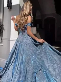 Robe de soirée maxi bleue éblouissante à sequins col en V sans manches épaules dénudées style chic semi-formel