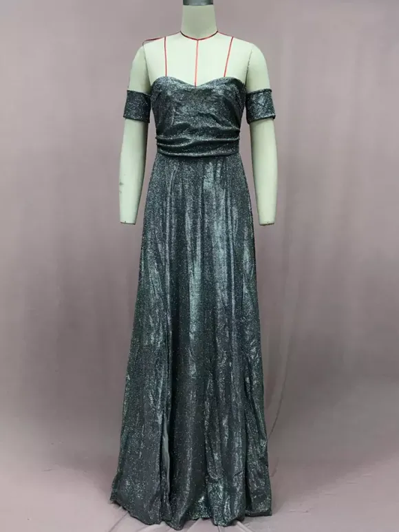 Robe de soirée maxi bleue éblouissante à sequins col en V sans manches épaules dénudées style chic semi-formel