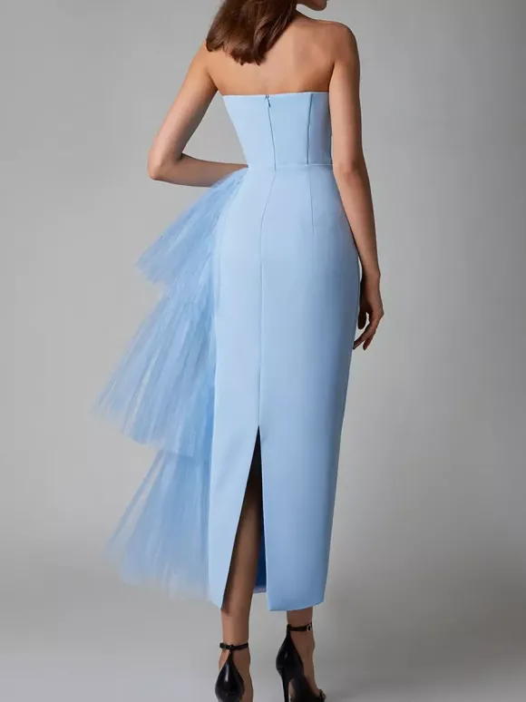 Robe de soirée maxi bleue sans bretelles fermeture éclair dos nu élégante et semi-formelle