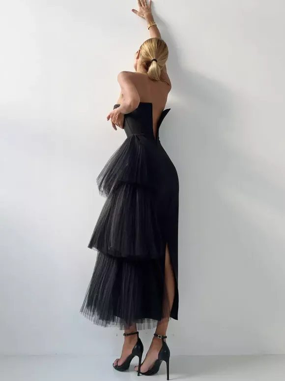Robe de soirée maxi bleue sans bretelles fermeture éclair dos nu élégante et semi-formelle