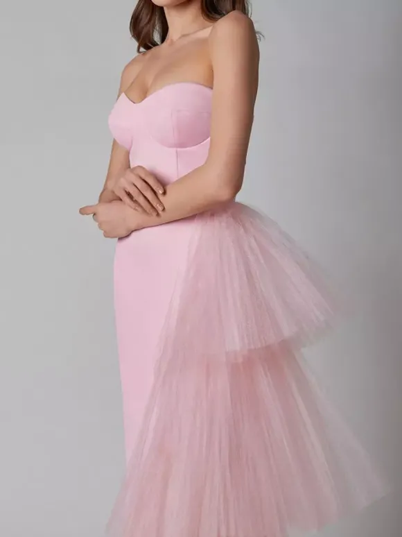 Robe de soirée maxi bleue sans bretelles fermeture éclair dos nu élégante et semi-formelle