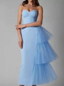 Robe de soirée maxi bleue sans bretelles fermeture éclair dos nu élégante et semi-formelle