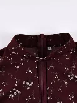 Robe de soirée maxi bordeaux à manches courtes bouffantes et col montant
