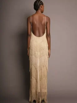 Robe de soirée maxi dorée à col V sans manches épaules dénudées robe d'été sexy et semi-formelle