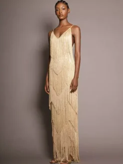 Robe de soirée maxi dorée à col V sans manches épaules dénudées robe d'été sexy et semi-formelle