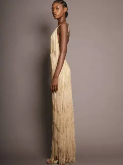 Robe de soirée maxi dorée à col V sans manches épaules dénudées robe d'été sexy et semi-formelle