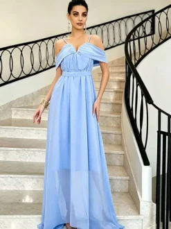 Robe de soirée maxi fluide en mousseline à bretelles spaghetti et épaules dénudées robe de demoiselle d'honneur