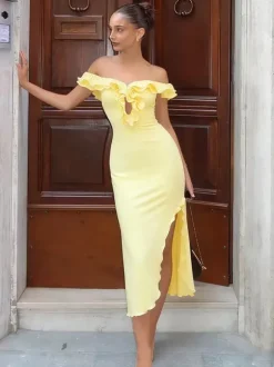 Robe de soirée maxi jaune à épaules dénudées volants sans manches coupe ajustée sexy et semi-formelle