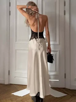 Robe de soirée maxi kaki dos nu à découpes robe sexy semi-formelle