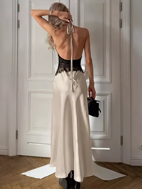 Robe de soirée maxi kaki dos nu à découpes robe sexy semi-formelle